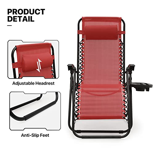 Monibloom Folding Beach Lounge Chair 2-Pack, Chaise Lounge With Pillow & Cup Holder, Portable Outside Patio Recliner For Poolside Beach Vacation, 330Lbs Capacity, Maroon #TOP4