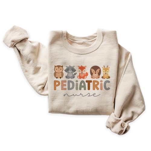 Pediatric Nurse Sweatshirt, Cute PEDS Woodland Animals Sweater, Pediatric Nurse Gift, Nursing School Grad, Pediatrics Department, Nurse Week Unisex Crewneck Sand
