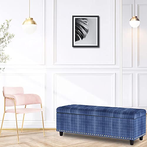 ROUNDHILL FURNITURE 2 Seater Upholstered Ottoman Bench with Storage Sofa Couch Pouffe for Living Room Bedroom Office (Blue Check)