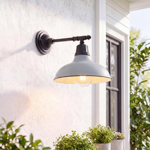 Image of JONATHAN Y Wallace 1-Light Outdoor 12.25 inch Wall Sconce, Matte Gray /Black | Industrial Farmhouse Metal Gooseneck Barn Light, Victorian Arm, Wet Rated, Bowl Shade, LED Bulb Included, Vintage Porch Lamp