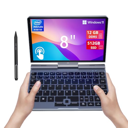 KOOFORWAY Mini Laptop 8 inch HD Touchscreen Portable, Windows 11 Pro Small Gaming Laptop, N100 12 GB LPDDR5 512 GB M.2 SSD, Wi-Fi 6, BT 5.2 2 MP Camera, G-Sensor, HDMI, Type C