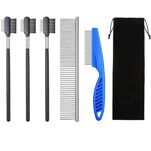 5 Pieces Dog Flea Comb Double-Sided Dog Eye Comb Pet Tear Stain Remover Comb Pet Grooming Comb with Storage Pouch for…
