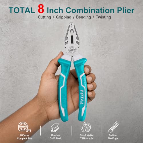 Image of TOTAL 8 Inch Combination Plier, 200mm Heavy Duty CR-V Steel Cutting Pliers with Hardened Cutting Edge, Anti-Rust Finish & Comfortable Grip Handle for Gripping, Twisting, Bending & Wire Cutting