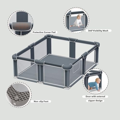 Image of Foldable Playpen for Babies and Toddlers, 59 inchx71 inch Portable Play Yard with Mat, Kids Collapsible Play Pen with Sturdy Metal Frame & Mesh Walls, Indoor & Outdoor Baby Fence Play Area
