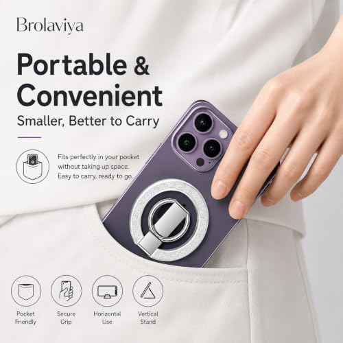 Image of BROLAVIYA Magnetic Phone Ring Holder, 360 Rotating & 180 Flip Finger Ring Stand, Ultra Slim Metal Grip Kickstand Compatible for iPhone 16 /15 /14 /13 /12 Series & All Smartphones - Silver