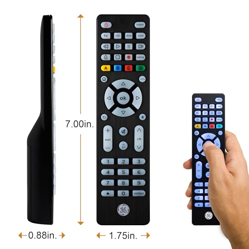 GE Blue Backlit Buttons Universal Remote Control, Samsung TV Remote Control Replacement, Samsung Remote Control for Smart TV, Roku Remote Replacement, Vizio, LG TV, Sony, 4-Device, Brushed Black 48843