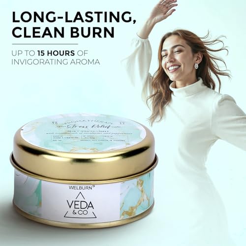 Image of Welburn Veda&Co Scented Wax Candle - Stress Relief | Aromatherapy Travel Tin Candle | 100% Natural Soy Wax | Relaxing Stress-Relieving Fragrance | 15 Hours Burn Time | 85gm Travel Candle