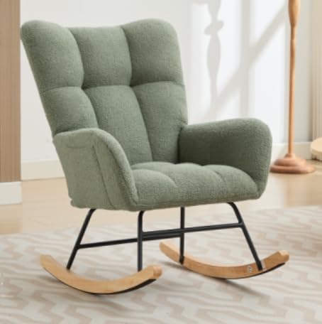 Image of Sudwesto Nursery Teddy Upholstered Rocking Chair with Footrest, Soft Rocker with Side Pocket, Glider with Padded Seat, Armchair, Accent Chair (Light Green)