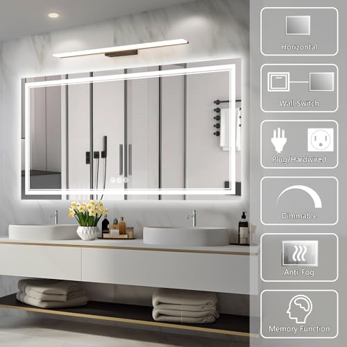 Image of 55x30 Inch Led Mirror for Bathroom with Front Light and Backlit, Bathroom Mirror with Led Lights, Vanity Mirror with Lights for Wall, Anti-Fog, Dimmable, Memory Function, Tempered Glass