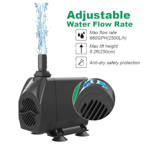 Image of Knifel Submersible Water Pump, Ultra Quiet 660GPH Fountain Pump | 8.2ft High Lift Over Heating Protection, Water Pump for Fish Tank, Pond, Aquarium, Hydroponics