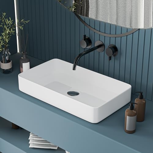Image of LUXART Tabletop Wash Basin For Bathroom - 24x14x5 Inc Ceramic Glossy White Countertop Washbasin | Vessel Sink For Hotel, Dining Hall, Vanity | Over counter Top Washroom Sink