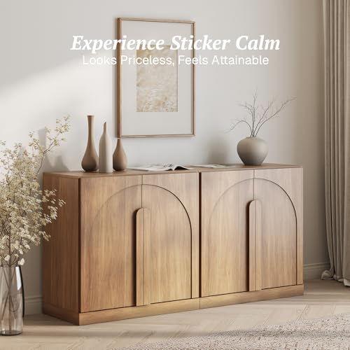 Image of BELLEZE Set of 2 Modern Buffet Cabinets (63 inch Wide)-Large Sideboard Credenza with Arched Doors-Seamless Hidden Storage Console for Kitchen & Living Area-Camel