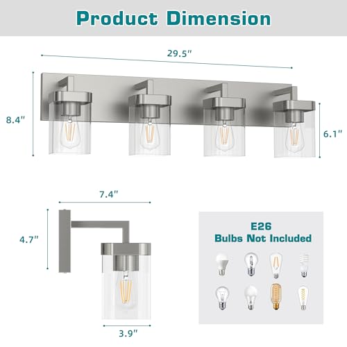 Image of 4-Light Bathroom Light Fixtures, Brushed Nickel Vanity Lights for Bathroom, Kitchen, Living Room, Modern Bathroom Vanity Lights with Clear Glass Shades