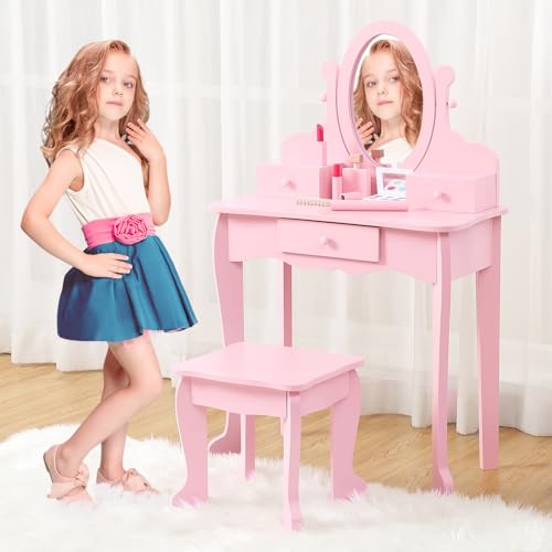 GarveeHome Girls' Vanity Set with Mirror, Makeup Table and Stool for Kids, Wood Dressup Playset for 4-9, Pink