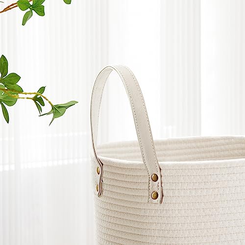 Image of VIPOSCO 53L Tall Woven Rope Laundry Hamper, Leather Handles, White | Large Wicker Laundry Basket for Dirty Clothes, Blanket, Toy, Towel, Yoga Mat, Storage Bin in Bedroom, Bathroom, Living Room