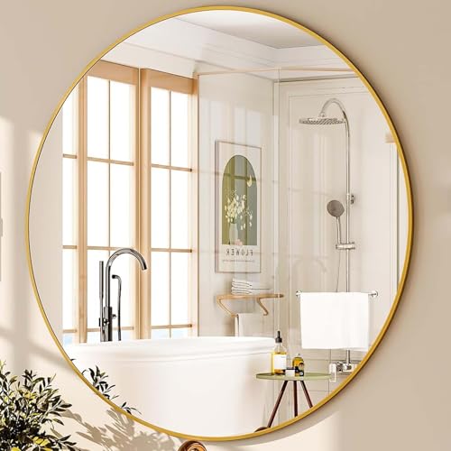 Genjitsu 鏡 壁掛けミラー 丸鏡 壁掛け鏡 洗面台 鏡 壁 洗面鏡 浴室 玄関 洗面所 鏡 化粧鏡 かがみ 円形 鏡 壁掛け 丸(ゴールド,直径40cm)
