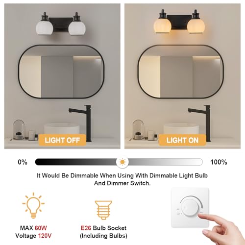 Image of 2 Light Modern Bathroom Light Fixtures Over Mirror (LED Bulbs Included), Black Vanity Lights for Bathroom Wall Sconces with Milky White Globe Glass Shades