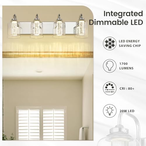 Image of zeyu 4-Light Dimmable Vanity Lighting Fixture, 20W LED Bathroom Vanity Light, Adjustable 3CCT 3000K /4000K /5000K, Chrome Finish with Crystal Bubble and Clear Glass, ZSL72B-4W LED CH-1