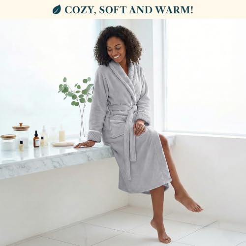 Image of PAVILIA Women's Plush Fleece Robe, Soft Cozy Long Bathrobe with Satin Waffle Trim, Warm Lightweight, Pockets & Tie Belt