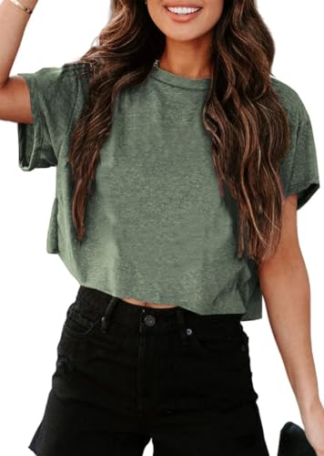 Image of UNCLECAT Womens Cropped T Shirts Summer Basic Short Sleeve Crop Tops | Crew Neck, Cute, Solid, Loose Fit, Casual, Going Out, Trendy Clothes, Daily Wear, Workout, Vacation