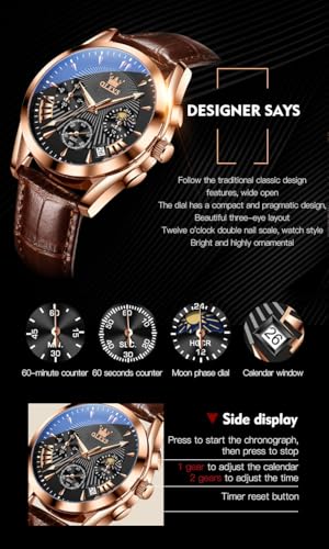 Image of OLEVS Watches for Men Original Analog Quartz Stylish Brown Leather Luxury Business Chronograph Waterproof Date Mens Wrist Watch