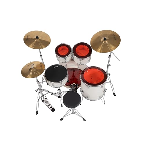 Image of TempoX Professional 5-Piece Acoustic Drum Set with 2 Cymbals & Hi-Hat (White) | Heavy-Duty Double Braced Stands | Complete Full Drum Set Kit for Practice & Performance