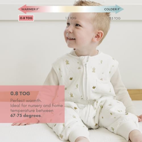 Image of Tealbee Dreamsuit Toddler Sleep Sack with Feet - Walker Sleep Bag with Legs, Rayon made from Bamboo, Summer 0.8 TOG, 2-Way Zipper, 2T-3T - Cactus