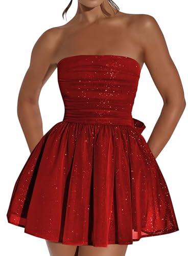 Strapless Short Homecoming Dress for Teens Sparkly Glitter Tulle Mini Prom Party Cocktail Gowns with Bow Back