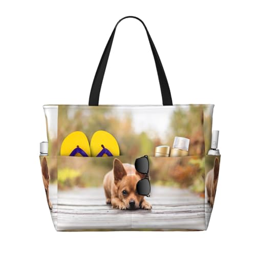 Sac de plage Chihuahua grand sac à bandoulière femme fourre-tout en tissu avec poignées solides