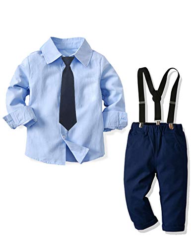 LAPA Baby Boys Gentleman Outfit Long Sleeve Suit 3 Pcs with Formal Dress Shirt, Bow tie, Suspender Bibs Pants Wedding Wear