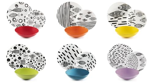 Excelsa Black Fishes Servizio Piatti 18 Pezzi, Porcellana e Stoneware, Decoro Multicolore, 6 Persone