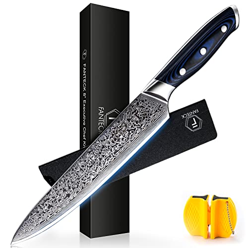  [8-Inch]Chef Knife FANTECK Professional Damascus Chef Knife High Carbon Ultra Sharp VG-10 Damascus Stainless Steel 67 Layers Kitchen Meat Cutting Gyuto Chef Knife [Gift Box]- Ergonomic Blue G10 Handle 