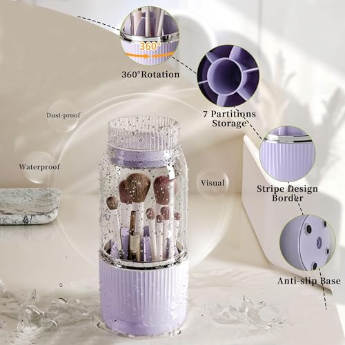 Image of Makeup Brush Holder with Cover，Thickened Acrylic Brush Holder Dust Proof，Easy To Take, Large Capacity Makeup Organizer with 7 Slot Makeup Organization(Purple)