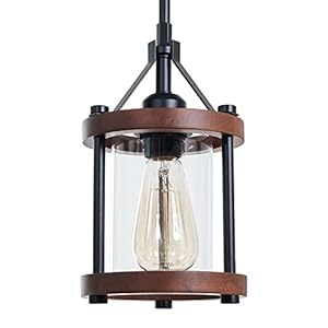 Farmhouse Pendant Light in Wood and Metal Cage Rustic Brown Wood Pendant Light with Glass Adjustable Hanging Light Fixtures Mini Pendant Lighting for Kitchen Island Hallway Foyer 1 Pack