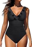 Holipick Women Black V Neck One Piece Swimsuits Tummy Control Bathing Suit Ruffle Swimwear Slimming Monokini for Teen Girls Medium