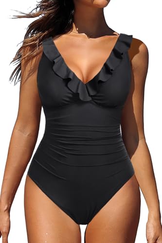 Holipick Women Black V Neck One Piece Swimsuits Tummy Control