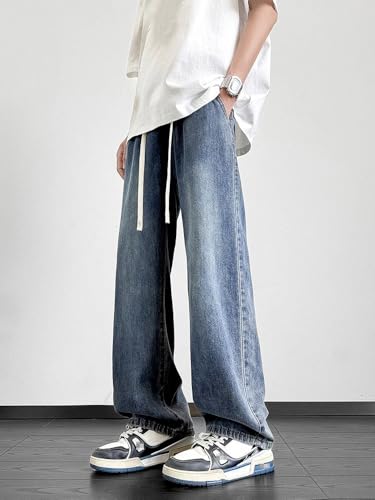 Summer Men's Jeans Korean Lightweight Cotton Straight Denim Pants Loose Fit Wide Leg Trousers3