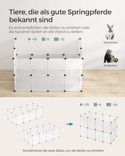 SONGMICS Freigehege mit Bodenplatten, Laufstall, Meerschweinchen Gehege, aus Kunststoff, Gehege für Hamster, Kaninchen, Igel, 140 x 70 x 45 cm, weiß LPC02W