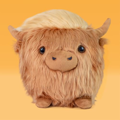 Image of Highland Cow Stuffed Animal, 14 inch Cute Scottish Cow Round Fluffy Pet Doll | Soft Farm Animal Plushie Pillow for Birthday Christmas Valentine's Day Home Decor