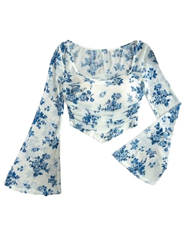 Image of Floerns Girls Bell Long Sleeve Square Neck Asymmetrical Hem Mesh Ruched Crop Tops Tees