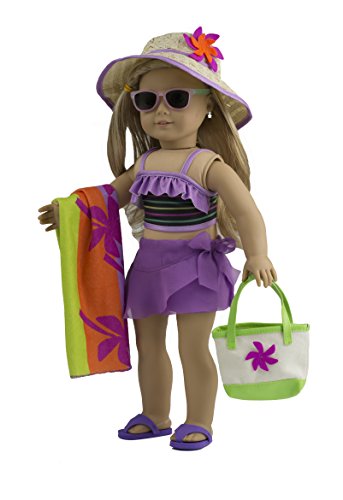 MangoPeaches - 18” Doll Swimsuit Suit- 8 Pc Deluxe - Multicolor Swimsuit top/Bottom- Straw hat - Beach Sandals - Beach Bag - Beach Towel -Sun Glasses- Compatible with American Gir lDolls
