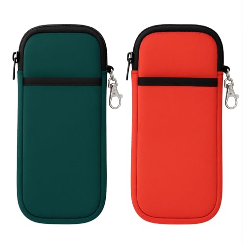 HeXueLy Soft Glasses Case - 2 Pack Double Layer Neoprene Eyeglass Pouch with Carabiner Hook, Lightweight Travel Zipper Case in Orange & Dark Green