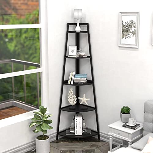 Wtz Corner Shelf, 5 Tier Bookshelf, 70.8 Inch Tall Bookcase, Open Ladder Book Case, Modern Bamboo Corner Storage Bookshelf Stand In Living Room, Bedroom, Office, Kitchen, Black #TOP6
