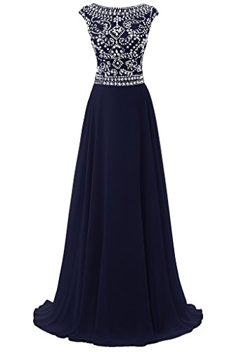 Women's Long Chiffon Bridesmaid Dress Cap Sleeves Beaded Prom Eveing Gown Navy US 22Plus
