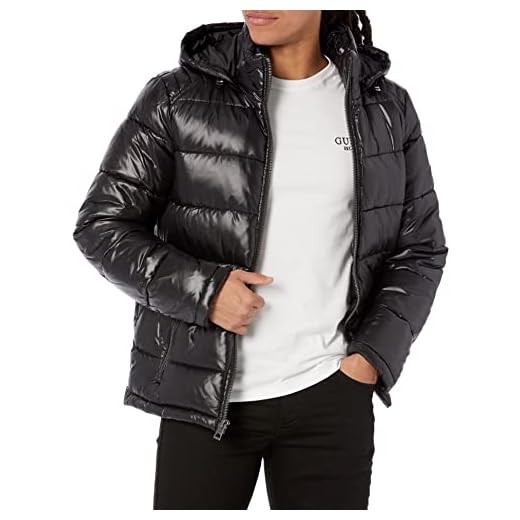 GUESS Men's Mid-Weight Puffer Jacket with Removable Hood, Black, Medium