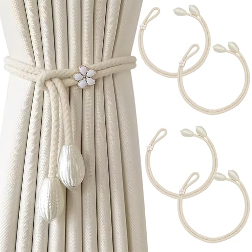SUBTAVIK Curtain Tiebacks, 4 Pack Curtain Rope Buckle Elegant Boho Style Curtain Tiebacks Hand-Knitted Curtain Tie Backs for Home, Office, Living Room, Bedroom (Beige)