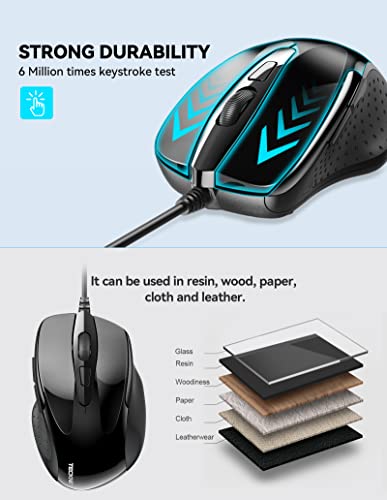 Image of TECKNET USB Wired Mouse, 6-Button Corded Computer Mouse with 4 Adjustable DPI, Optical Computer Mice with Ergonomic Design and 5FT Cord for Laptop, Chromebook, PC, Desktop, Mac, Notebook-Black