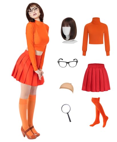 Womens Halloween Costumes Adult Group Family Cosplay Outfit Orange Long Sleeve Crop Top Red Pleated Skirt with Accessories MS076LA