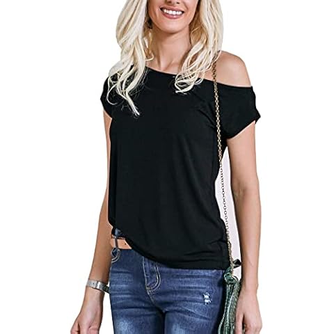 LilyCoco Women's Short Sleeve Casual Off Shoulder Tops Loose Fitted T-Shirt Blouse X-Large Black Cover