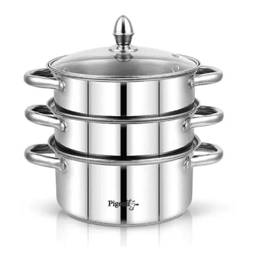 Pigeon Elantra Stainless Steel 3 Tier Steamer Pot Set with Glass Lid | Pasta Steamer Momo/Modak...
